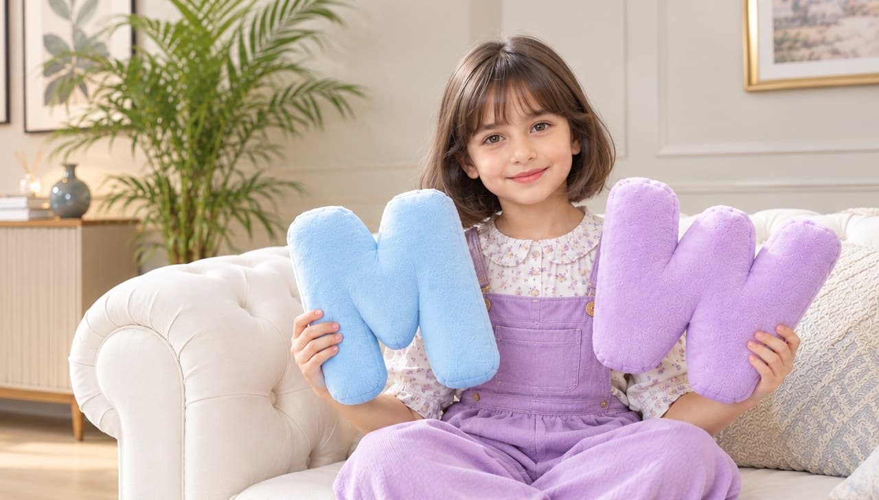 Girl holding letter pillows on a sofa